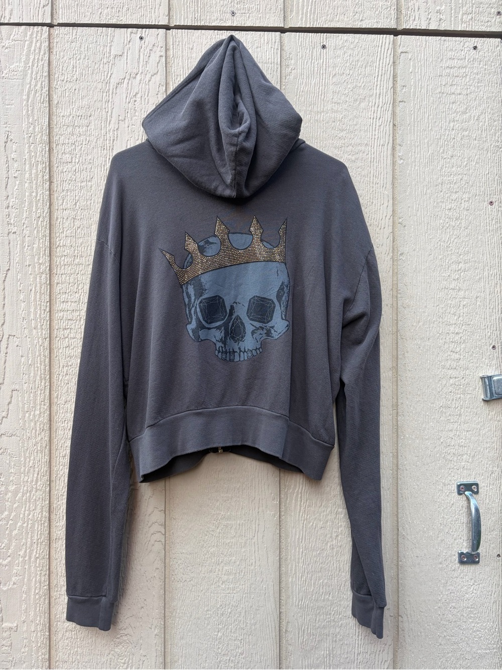 LA Designer Lauren Moshi, hooded zip up sweatshirt with skull/crown print